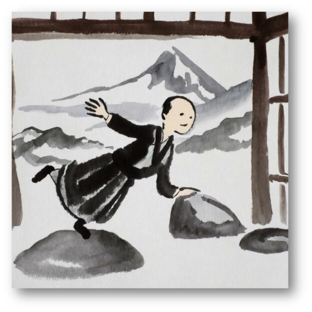 Stylised image of a monk against a Japanese mountain landscape